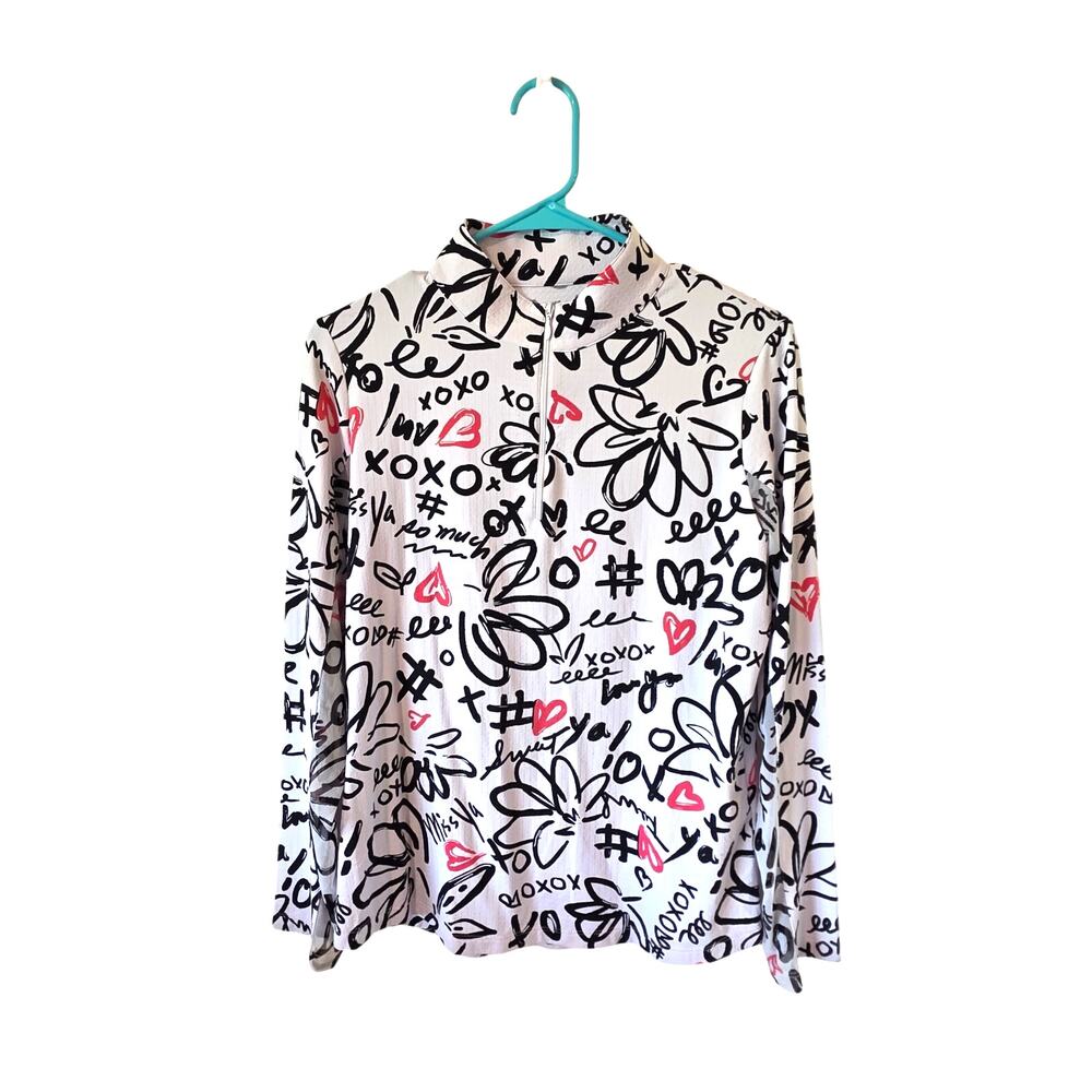 IBKUL Womens Long Sleeve Mock Neck XOXO 1/4 Zip Top White Black Medium Pink